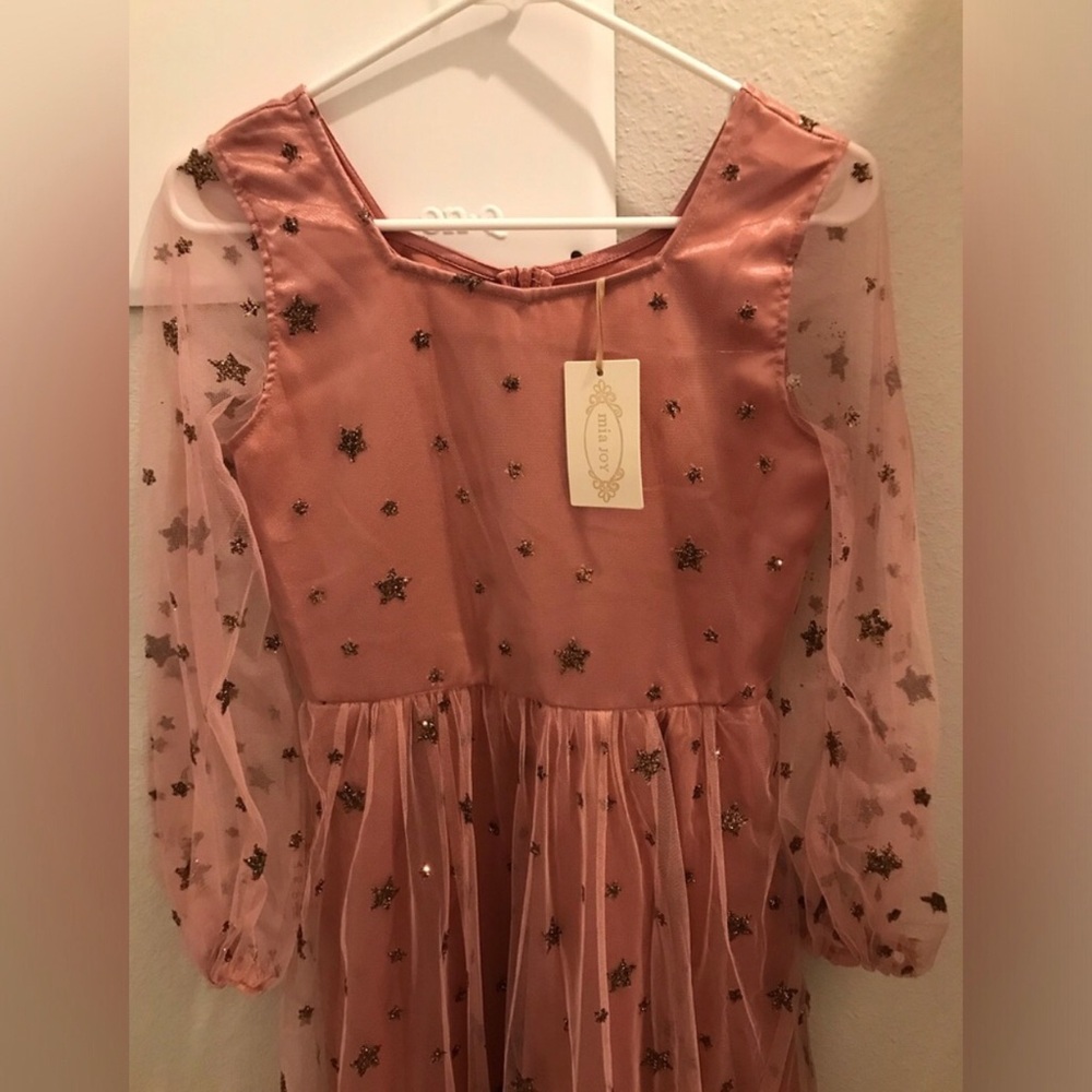Mia Joy Long Girls Pink Star Mesh Sleeve Party Dress NWT